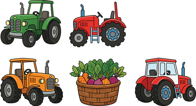 Cartoon tractors, vegetable basket, and farm produce illustrating colorful agriculture machinery, crop harvest, and countryside farming