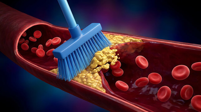 Blue broom cleaning yellow fatty deposits and cholesterol plaque from a human blood vessel with red blood cells
