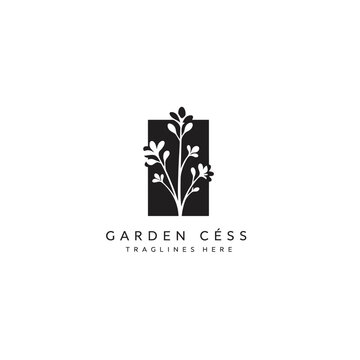 Garden Cess Logo Design with Plant Silhouette Inside a Rectangle Frame Black and White