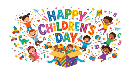 Obraz premium Happy Children's Day Celebration: A vibrant and colorful illustration of children joyfully celebrating Children's Day, surrounded by playful elements and a sense of unity and happiness.