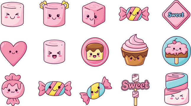 Cute Candy and Sweet Dessert Cartoon Vector Icon Set on White Background