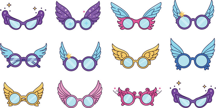 Fantasy Winged Glasses and Cute Eyewear Vector Icon Set on White