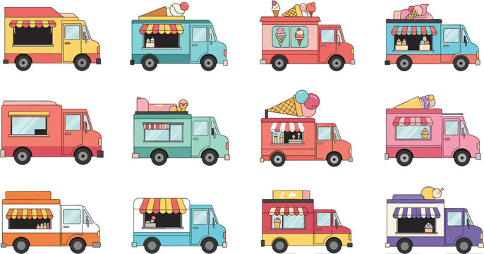 Cute Ice Cream Food Truck Vector Icon Set with Colorful Sweet Gelato Vans for Summer Event Graphic Elements