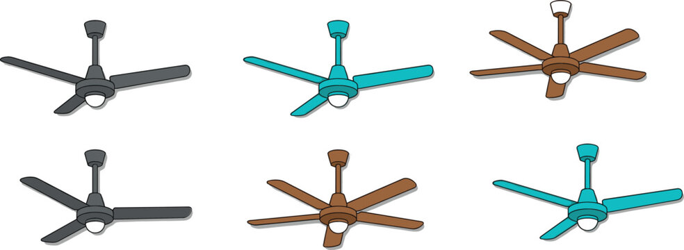Modern Ceiling Fan Collection Vector Illustration Featuring Colorful Household Cooling Appliances in Flat Cartoon Style
