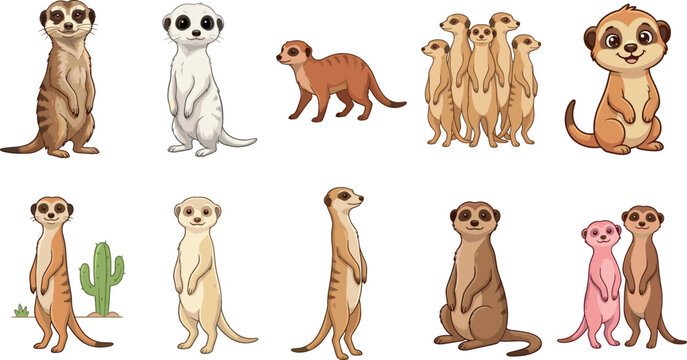 Cute meerkat character vector set featuring various poses like standing, sitting, and groups for wildlife education, children's books, and nature themed designs.