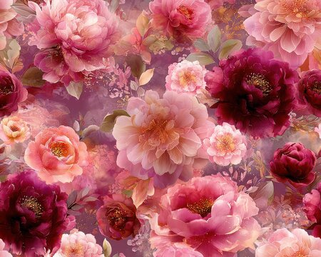 Elegant, luxury, vintage seamless repeatable pattern featuring blush pink watercolor flowers, in soft pinks and reds, arranged on metaphysical mauve background