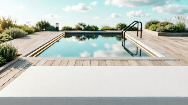 Modern Rooftop Pool with Wooden Deck and Sky Reflection for Luxury Lifestyle