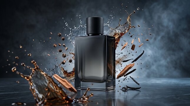 Sophisticated men's perfume bottle in black glass with explosive splashes of water, coffee, sandalwood, and vanilla beans. Premium masculine fragrance mockup on a dark, moody stone surface.