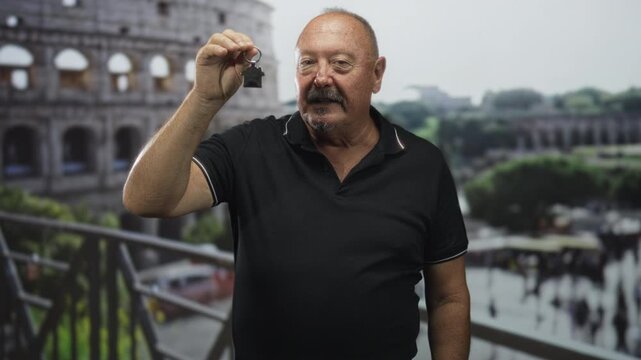 Man holding house shaped key fob up while making finger to lips shushing gesture in studio; privacy security.