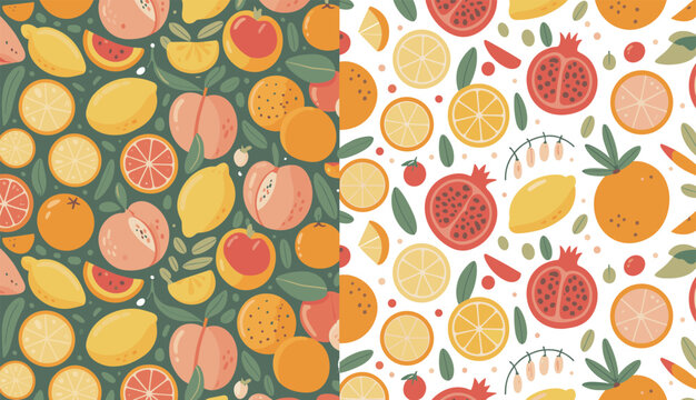 Fresh fruit pattern background design featuring citrus slices peaches and pomegranates art