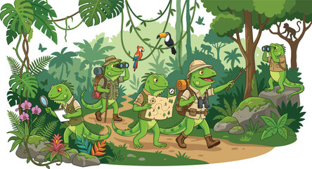 Obraz premium Cartoon Iguana Explorer Group Vector Scene with Jungle Adventure, Treasure Map, Tropical Forest, Toucan Bird, and Wildlife Discovery Illustration