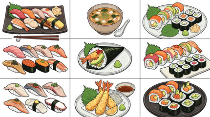 Delicious Japanese cuisine vector set featuring sushi rolls, nigiri, sashimi, tempura, and miso soup for restaurant menus, food branding, and culinary designs. © MdMehedi