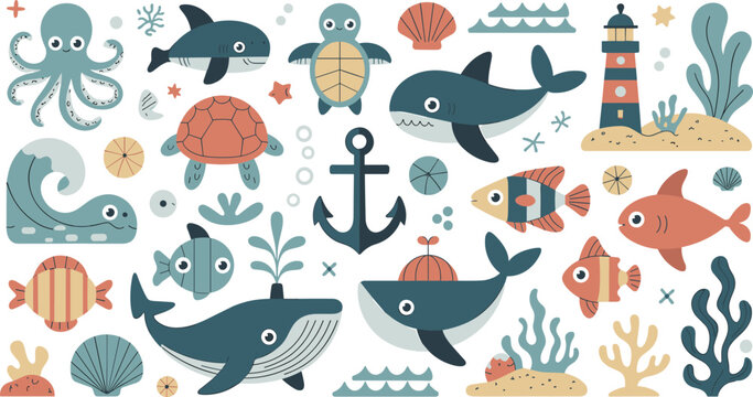Nautical sea life sticker set featuring whales octopus turtles and anchor ocean collection