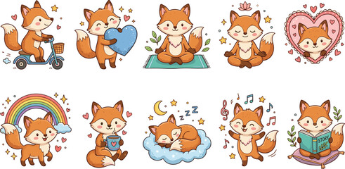 Fototapeta premium Cute fox cartoon character collection featuring yoga, sleeping, reading and happy lifestyle activities vector illustration