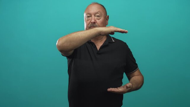 Man in black polo shirt holds forearm across face and cupped hand measuring a height in studio; thoughtful measurement.