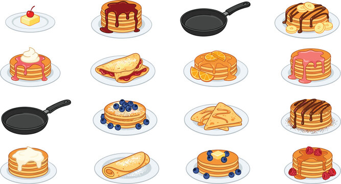 Pancake breakfast collection with syrup, fruit toppings and frying pan isolated food vector illustration set