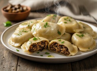 Domowe pierogi.  Jeden pieróg przekrojony, ukazując głęboki, ciemny farsz z drobno siekanych grzybów leśnych boczniaków i karmelizowanej cebulki. © Monika