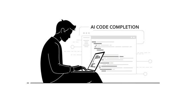 A silhouette illustration of a developer using artificial intelligence for code completion on a laptop.