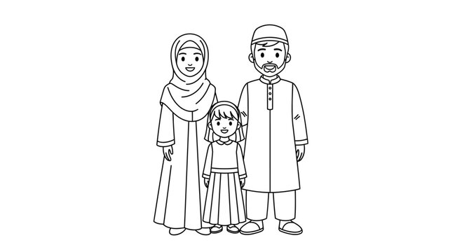 Black and white line art illustration of a Muslim family.