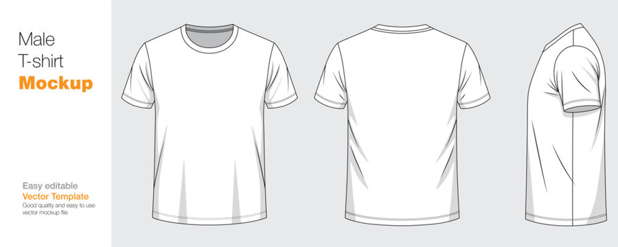 Front, back, and side views of a blank white male t-shirt. Vector template for design.
