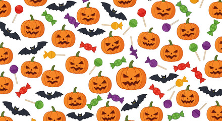 Fototapeta premium Dense Halloween Arrangement of Orange Pumpkins Winged Bats and Sweet Lollipops on White Background