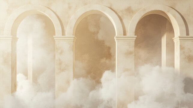 Three arched doorways with pillars, ethereal mist, beige tones, architectural background.