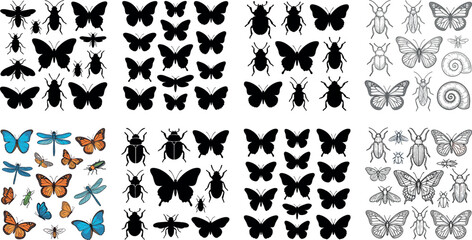Large collection of insect silhouettes and detailed butterfly illustrations featuring beetles, dragonflies, bees, and moths in black, line art, and colorful watercolor styles for nature designs. © MdMehedi