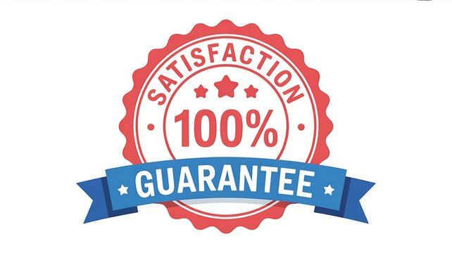 Satisfaction guarantee, 100 percent, red seal, blue ribbon, warranty symbol