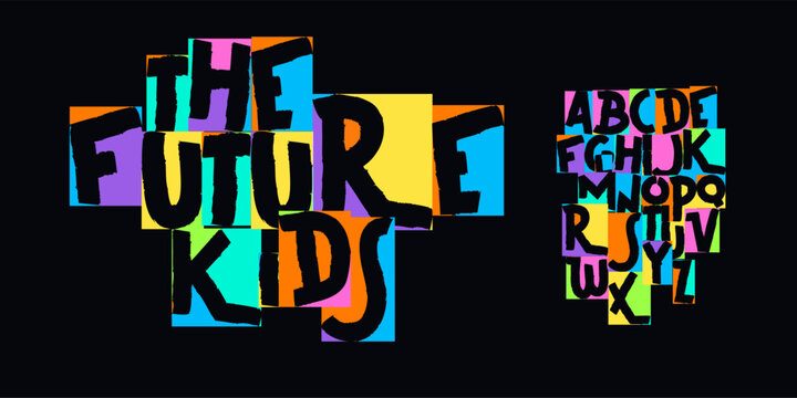Future Kids colorful futuristic font alphabet, playful tech letters for children coding logo, STEM school poster, game title and digital branding. Vector typographic design.