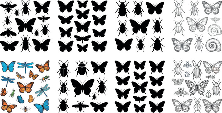 Large collection of insect silhouettes and detailed butterfly illustrations featuring beetles, dragonflies, bees, and moths in black, line art, and colorful watercolor styles for nature designs.