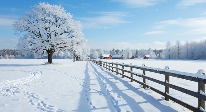 Winter landscape with snow covered fields a wooden fence and distant homes