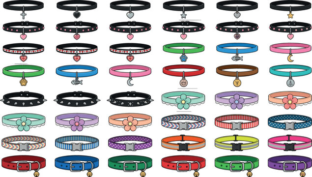 Large pet collar vector collection featuring various styles like studded, floral, and colorful patterns with charms for cat and dog accessory graphic designs.