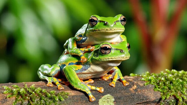 Two vibrant green tree frogs piggybacking on a mossy branch