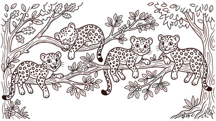 Four cute leopards cubs sleeping and resting on tree branches. © Amina