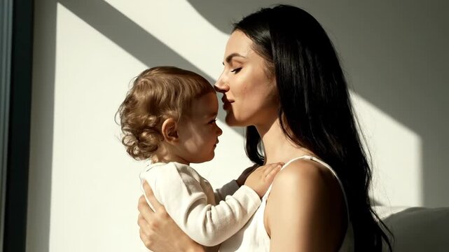 Young loving mother embracing and kissing small daughter against minimalist wall with sunlight and shadows for motherhood concept and family bond