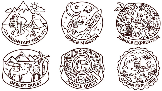 Set of six round adventure and travel emblems in black and white line art.