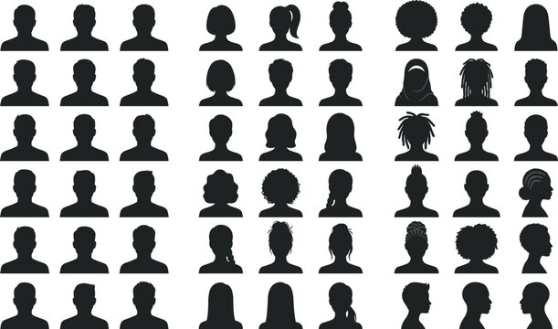 Large collection of diverse human avatar silhouettes featuring various hairstyles, gender neutral options, and profile views for user profiles