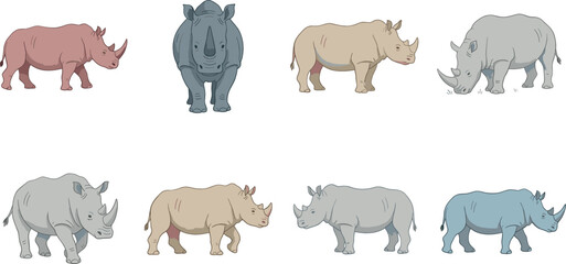 Rhinoceros vector collection featuring various rhino poses like standing, walking, and grazing for safari, wildlife conservation, and zoo themed graphic designs. © MdMehedi