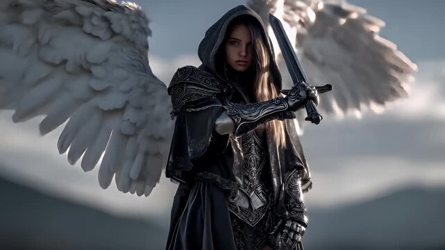 Fantasy wallpaper. A fantasythemed digital artwork depicts a female figure with long, flowing hair and a hooded cloak. She holds a long, ornate sword in her right hand.
