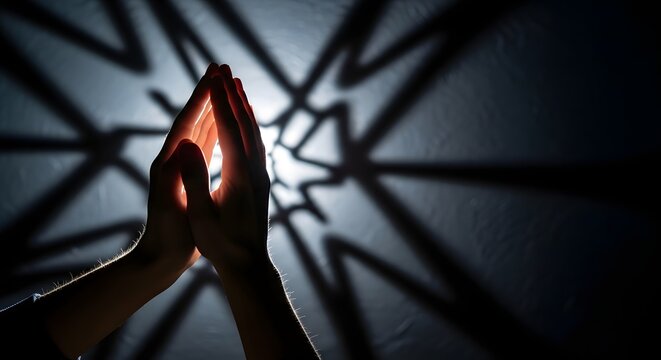 Close up of hands in prayer position with star shape light and shadow pattern