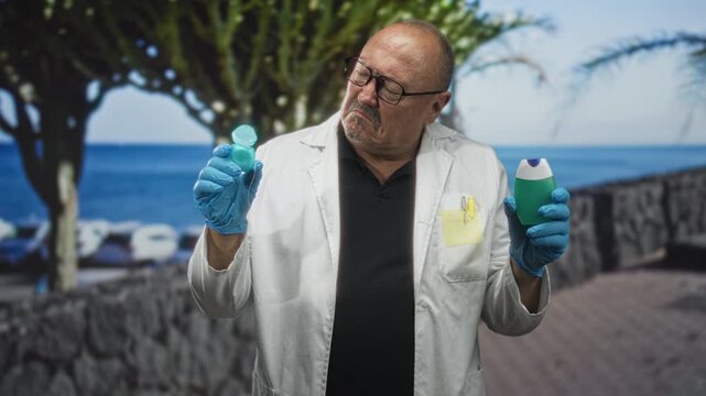 Man in white coat holds dental floss case and toothpaste bottle while making a grimace, on a street by the sea; doubt.