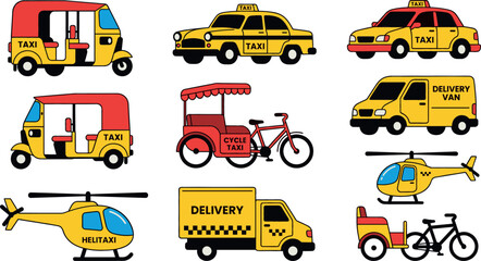 Transportation vector set featuring yellow taxis, delivery vans, helicopters, auto rickshaws, and cycle taxis for city travel and logistics service designs. © MdMehedi