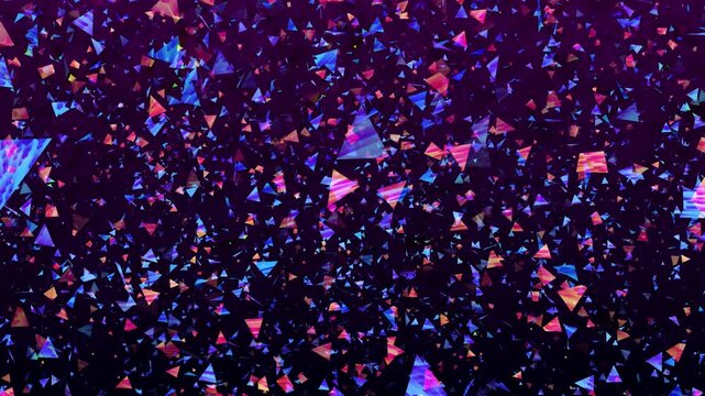Dynamic abstract background featuring colorful triangles confetti in blue, pink, and purple hues. Perfect for festive and modern designs.