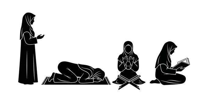 Set of black silhouettes of Muslim women in various prayer positions and reading Quran.