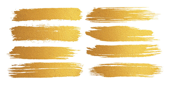 Golden grunge paint brush strokes set with shiny metallic foil texture for elegant design vector illustration.