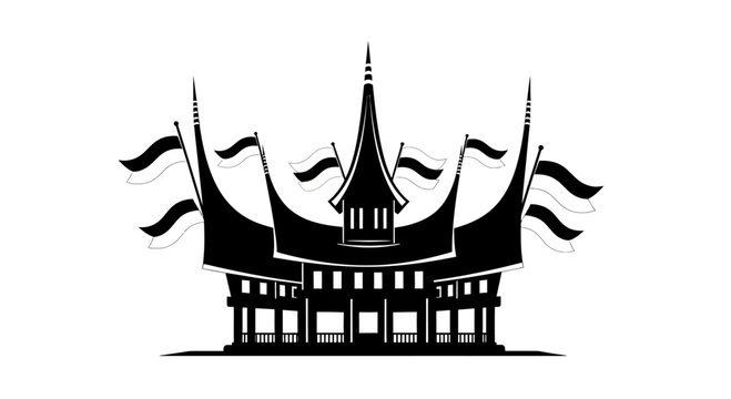 Black and white silhouette illustration of traditional Minangkabau Rumah Gadang house.