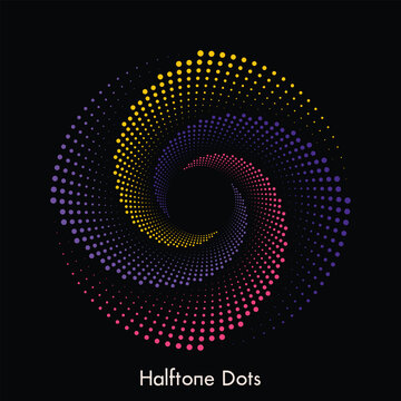 Abstract halftone dots forming energetic purple and yellow spiral vortex black background.