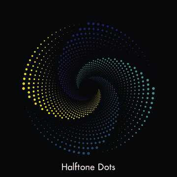 Abstract halftone dots forming colorful spiral vortex pattern on black background design.