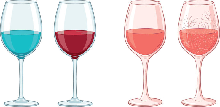 Wine glass collection vector illustration featuring different types of drinks including red wine rose and blue cocktail with decorative patterns isolated on white background