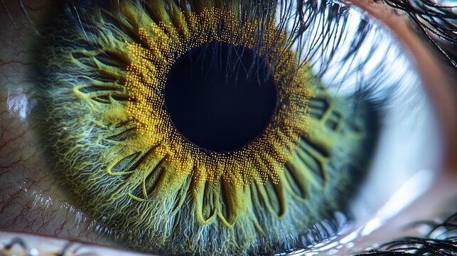 Iris radial lines extreme macro eye distinct structures natural patterns yellow golden green blue crypts furrows dimensional texture eyelash